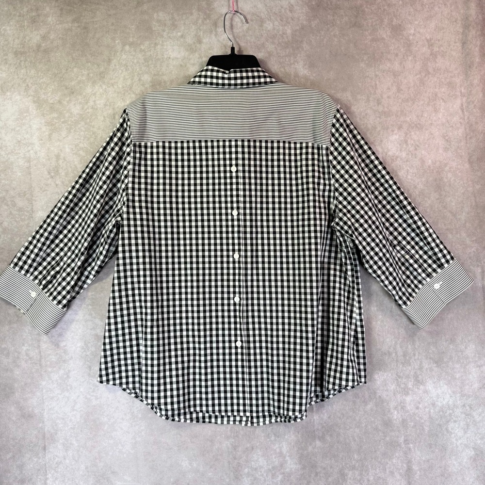 Chico's Button Down Shirt Women 3 Black White Gingham Striped Office Preppy - Picture 2 of 10